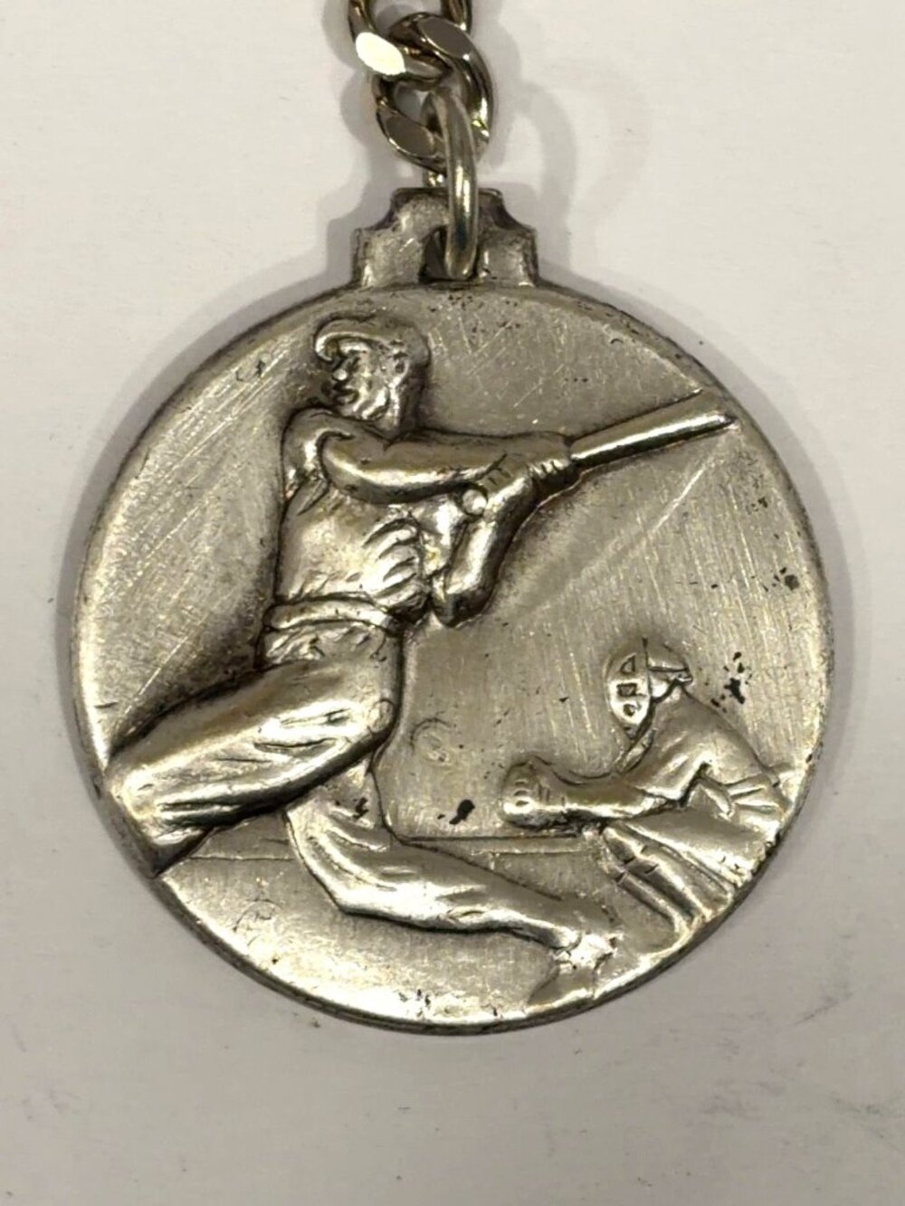 TS CL MED Italy Baseball Softball Keychain Silver Tone Medal Trophy Shop NOS